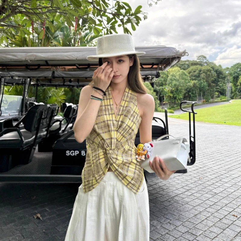 （浠儿家）格子纽结收腰挂脖上衣