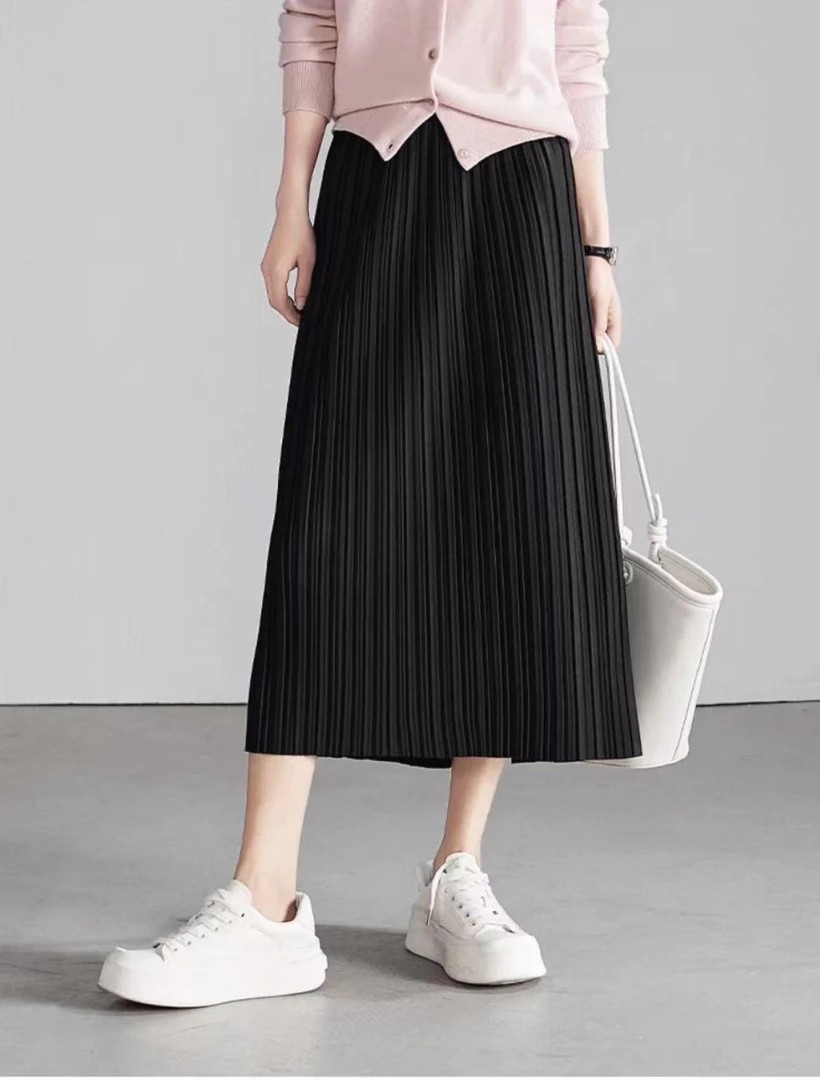秋褶皱气质款开叉直通百搭松紧腰百褶纯色半身裙