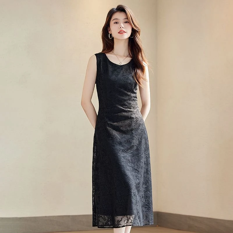 2025新款夏季气质中长款蕾丝韩版名暖收腰时尚无袖连衣裙25802