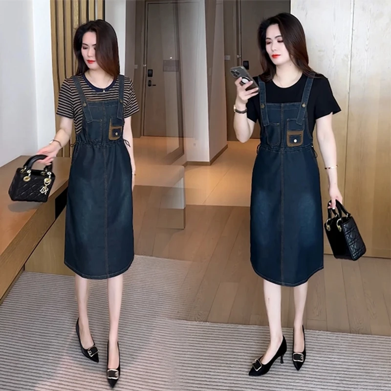 春季新款穿搭显瘦假两件拼接洋气减龄牛仔连衣裙大码气质时尚夏季