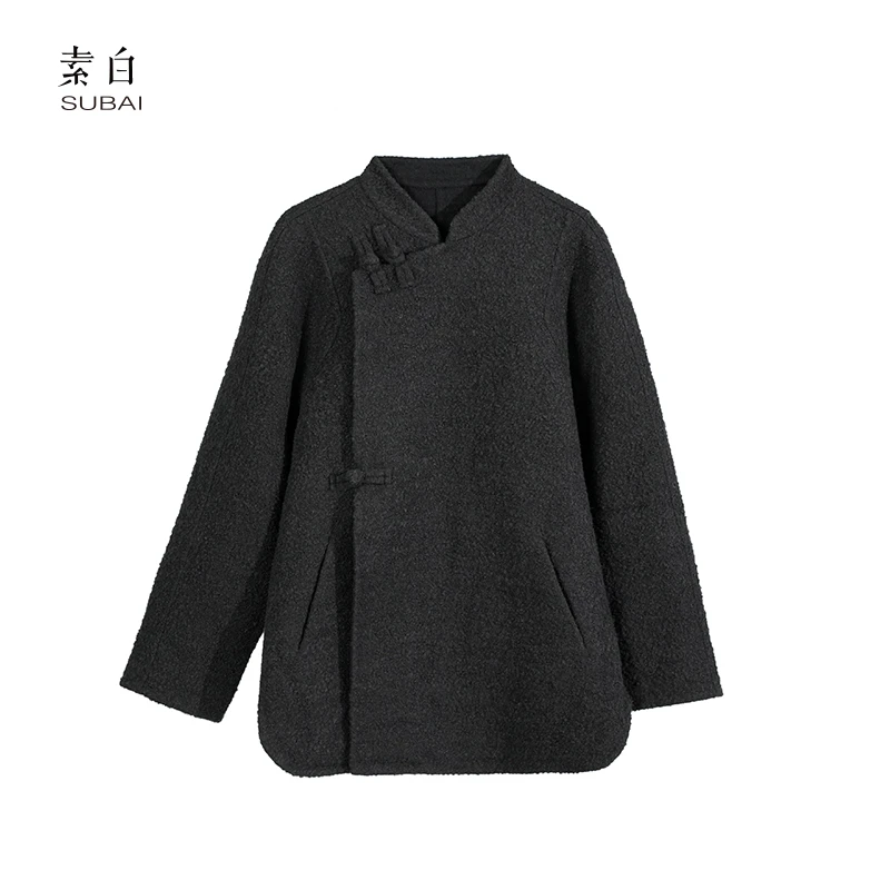 素白双面保暖【墨绒】P00853国风新中式羊毛斜门襟外套