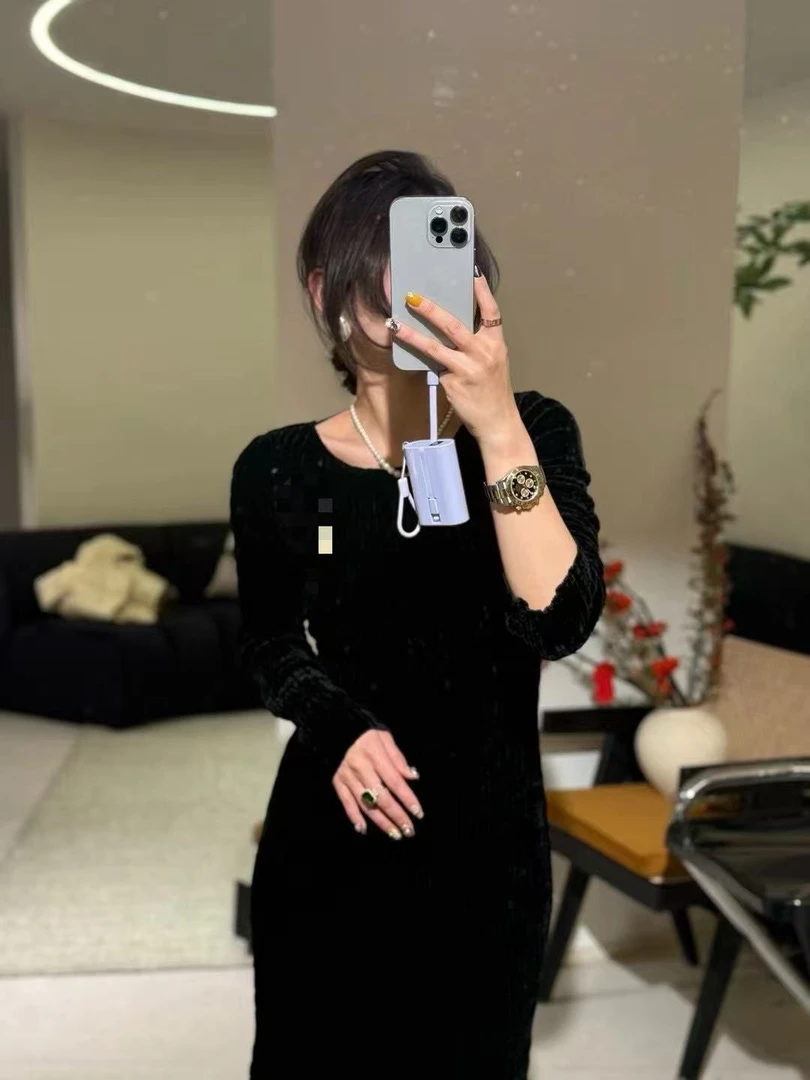 真丝丝绒重工压褶连衣裙裙子