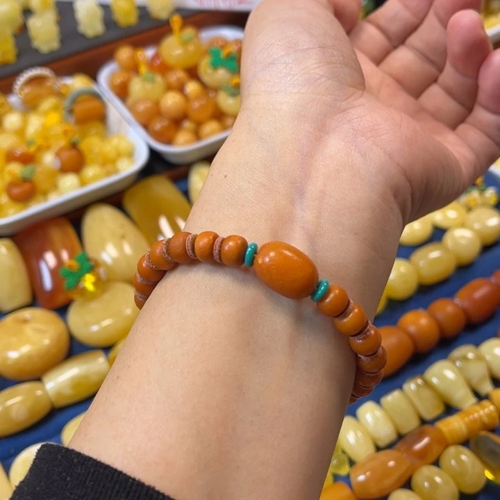 琥珀未镶嵌裸石卡7加老蜡橘皮手串精工微瑕