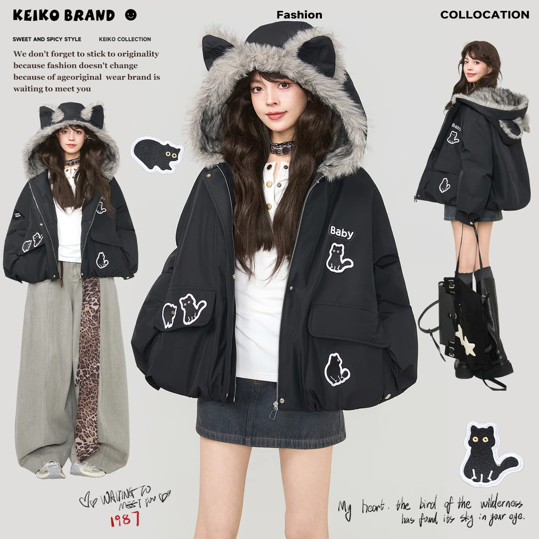 KEIKO[三防面料] 环保狐狸毛连帽黑色棉服25冬季可爱萌猫绣花外套