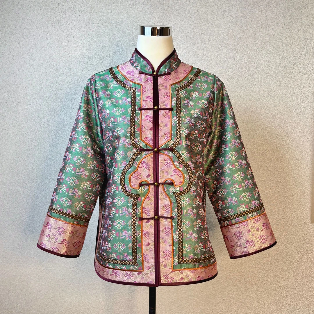 【锦绣双凤】桑蚕丝织金宋锦春款重工如意正襟立领长袖外套251171