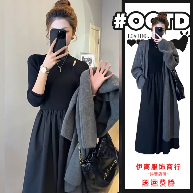 松弛感穿搭套装女秋冬港味气质显瘦打底连衣裙慵懒风洋气毛衣外套