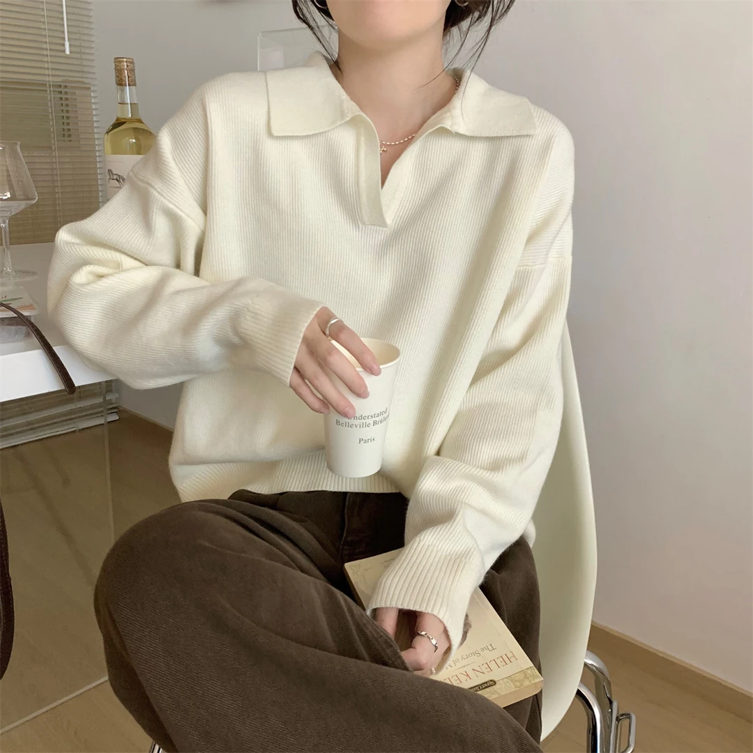 韩版宽松polo领针织毛衣女2025春季松弛感百搭上衣减龄内搭打底衫