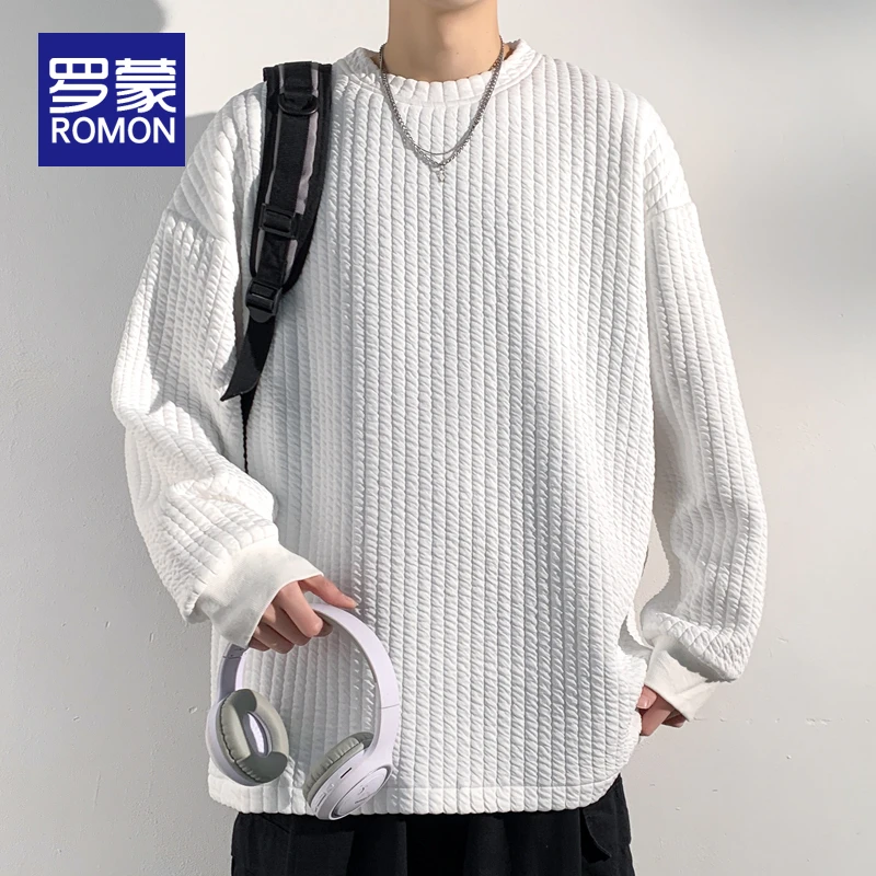 罗蒙男士春秋季宽松潮牌卫衣青少年设计感男款时尚圆领长袖T恤男