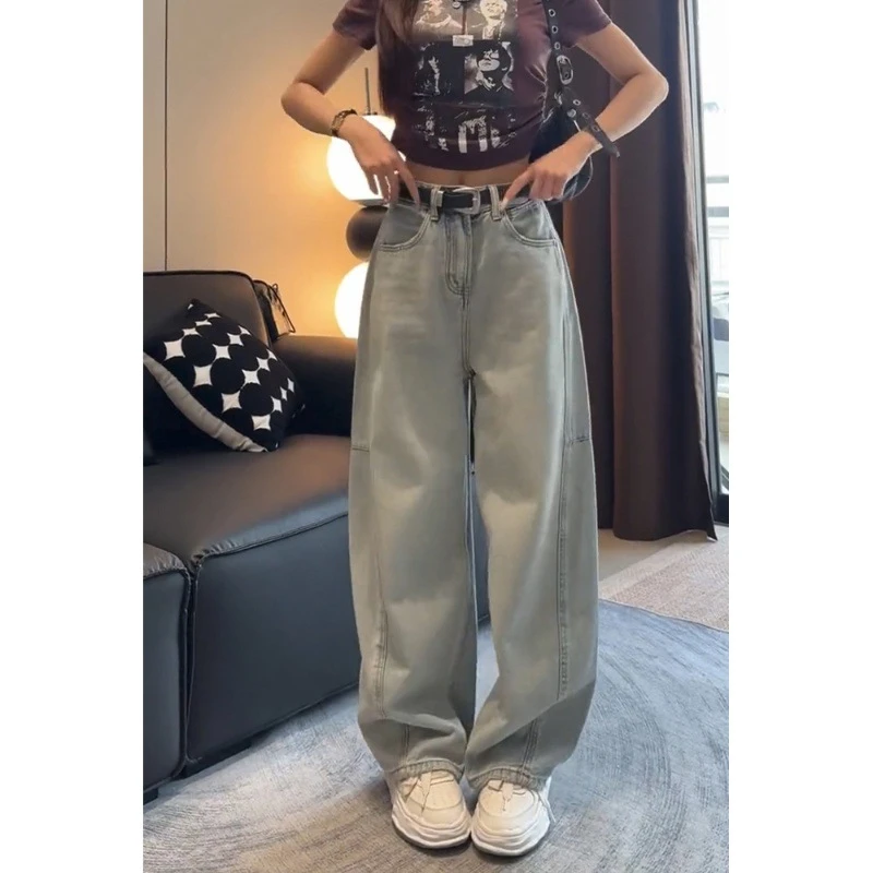 无弹力美式复古阔腿牛仔裤女春秋百搭大码高腰宽松显瘦垂感直筒拖