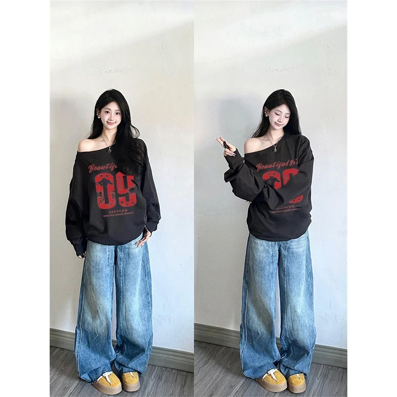 【ZHAP】斜领露肩新款卫衣女秋季新款黑色chic轻奢宽松加绒加厚外穿