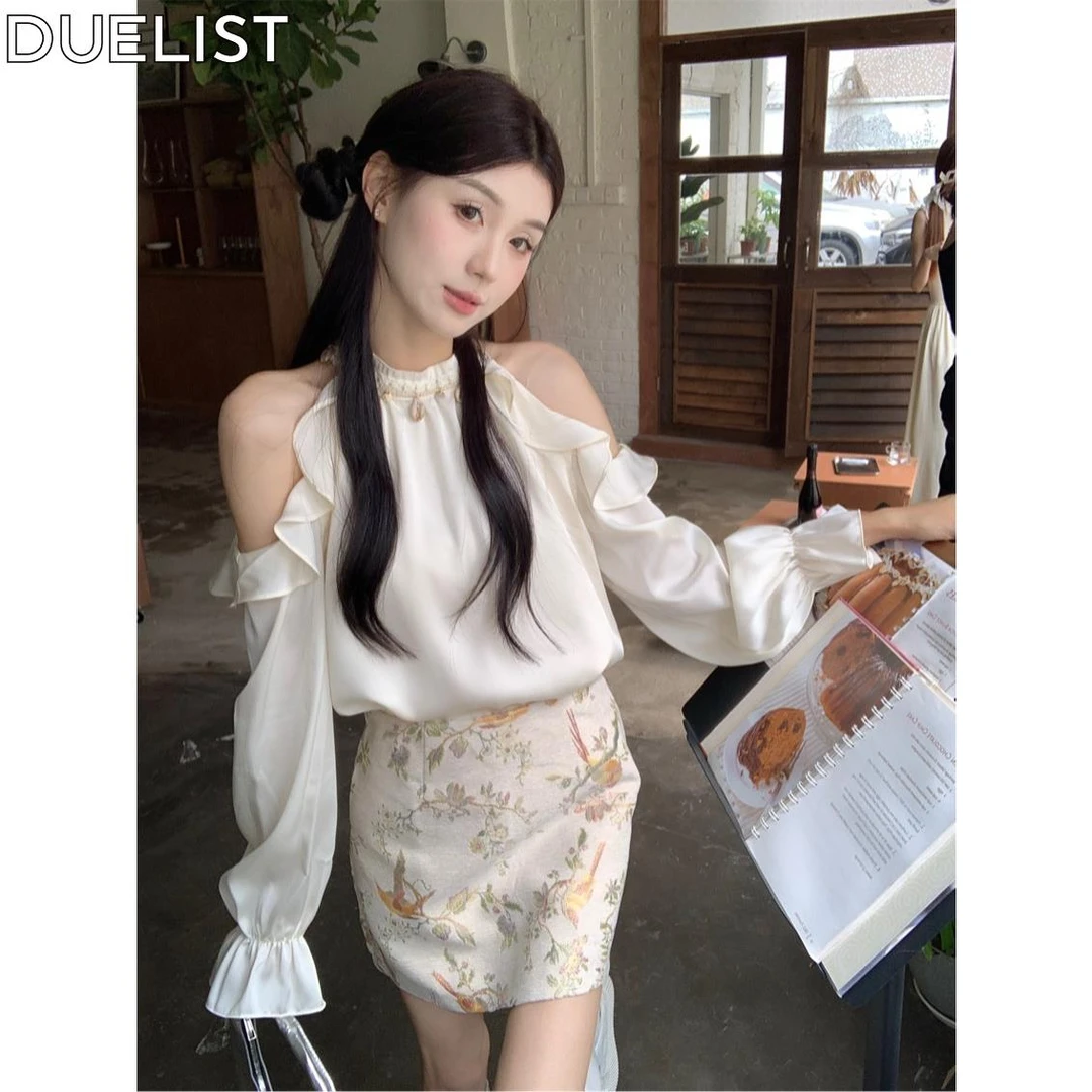 DUELIST淑女气质穿搭套装女荷叶边镂空露肩上衣新款半身裙两件套