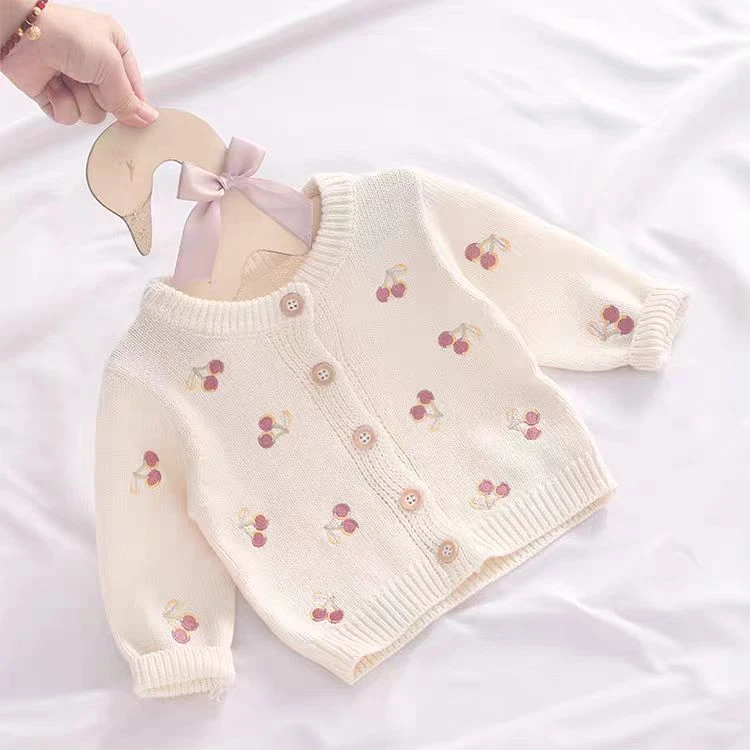 儿童毛衣开衫纯棉a类女宝宝线衫洋气樱桃刺绣女童针织外套春秋薄