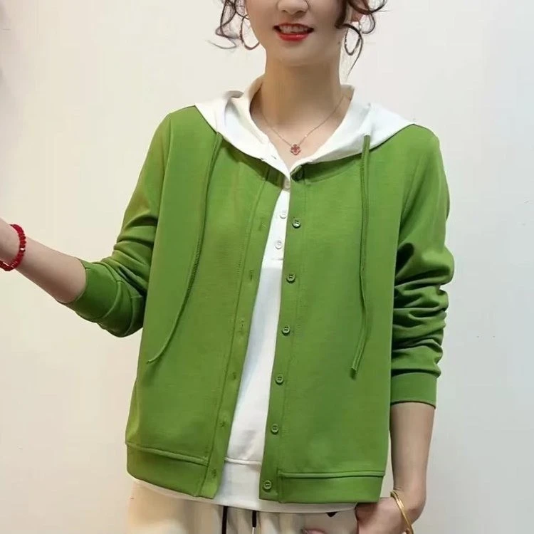 春季新款高级感假两件开衫长袖卫衣百搭打底衫女修身显瘦上衣