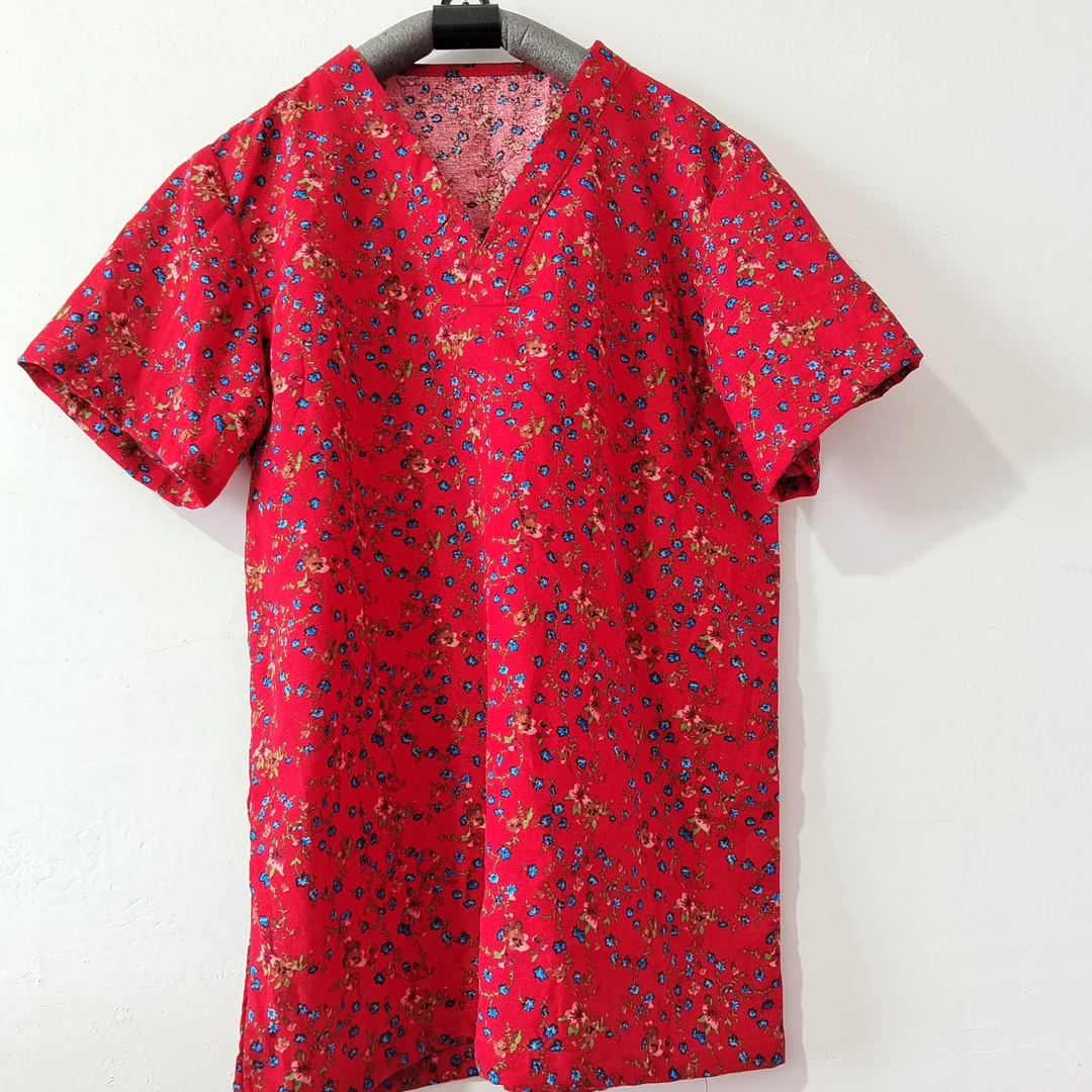 椒北衣韵原创棉麻印花半袖宽松型男士休闲夏季红色减龄V领T恤上衣