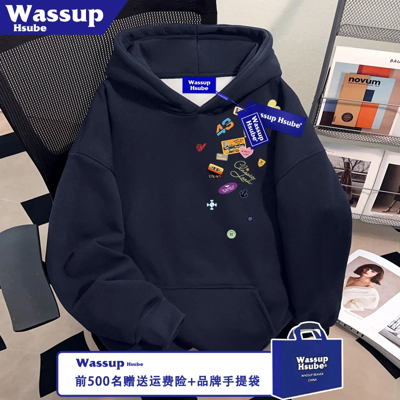 WASSUP HSUBE秋季藏青色贴纸照片印花上衣潮酷新颖男女款连帽卫衣