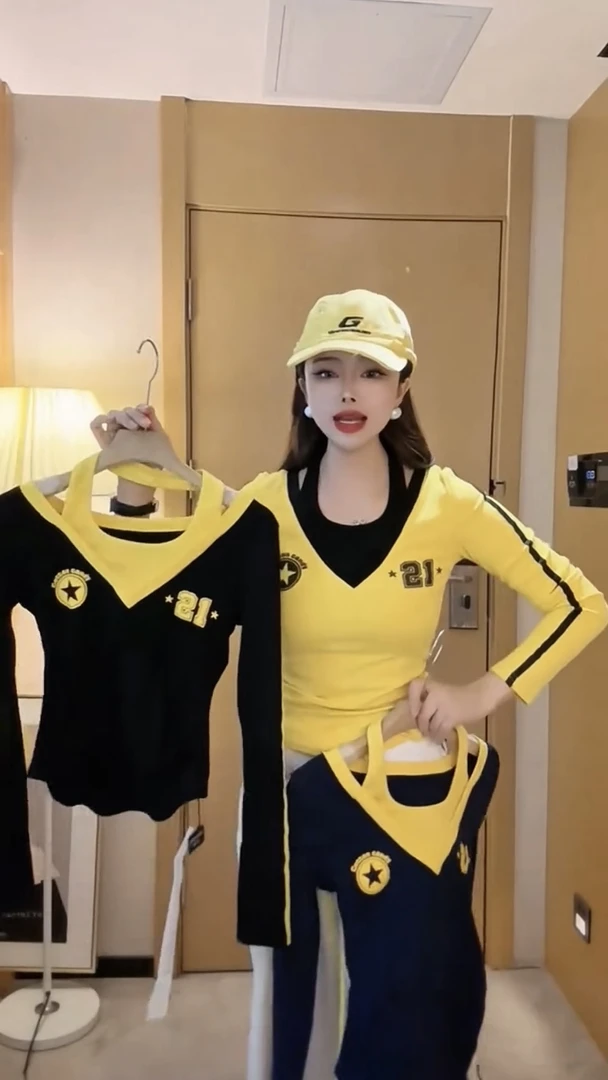 美式辣妹设计感假两件长袖T恤衫女2025秋季新款撞色挂脖时尚上衣