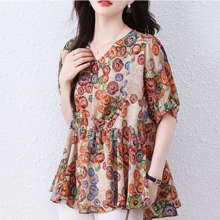 九月陌墨碎花韩版上衣女2025年夏季印花薄款百搭透气遮肉气质小衫