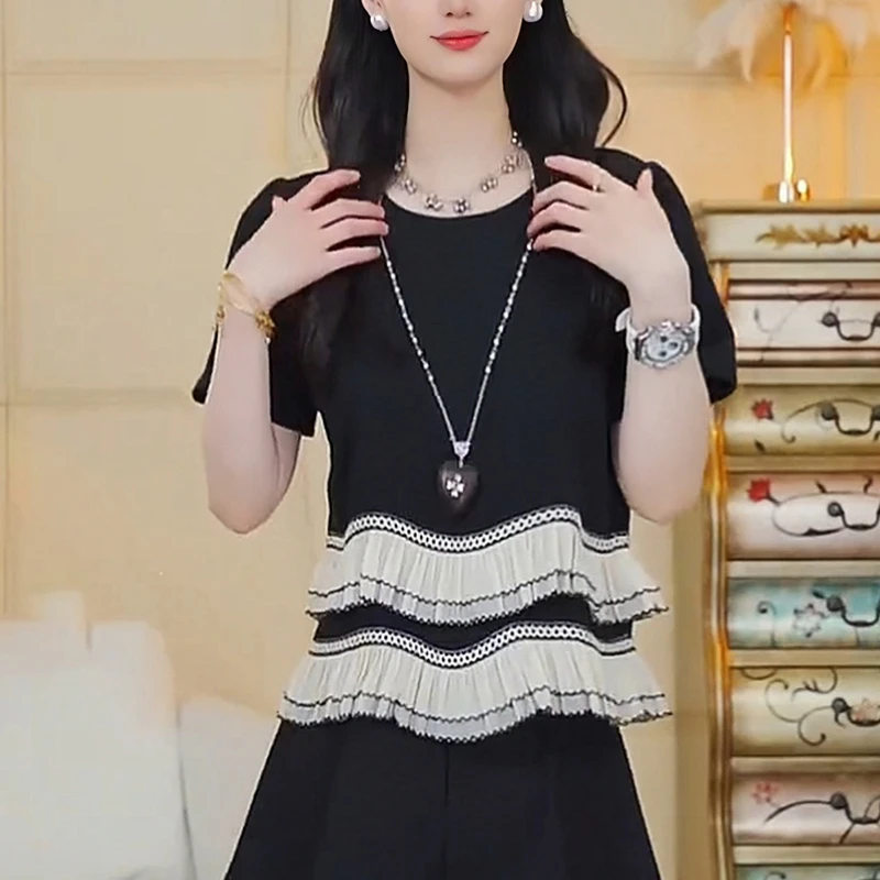 时尚木耳边短袖T恤2025夏季新款女士黑色设计感显瘦减龄上衣