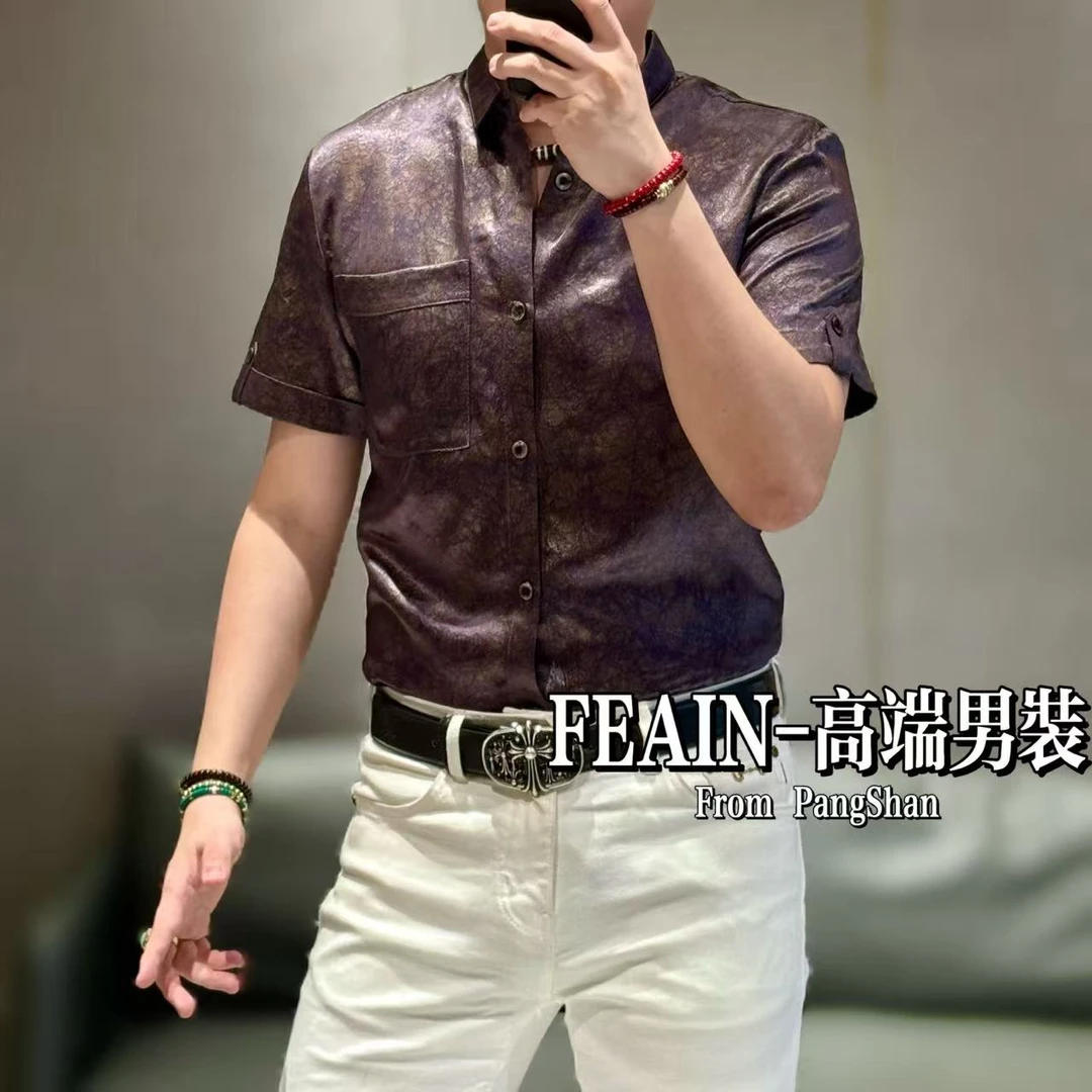 【100%真醋酸】进口粗短手抓大理石纹理错金工艺短袖男士衬衫2413