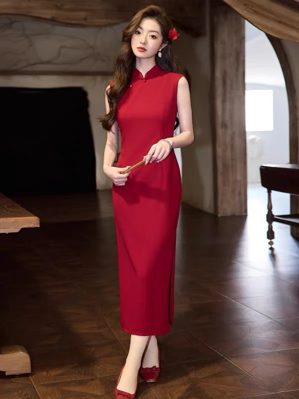 送考红色无袖改良旗袍长款2025新款年轻款女中式修身复古平时可穿