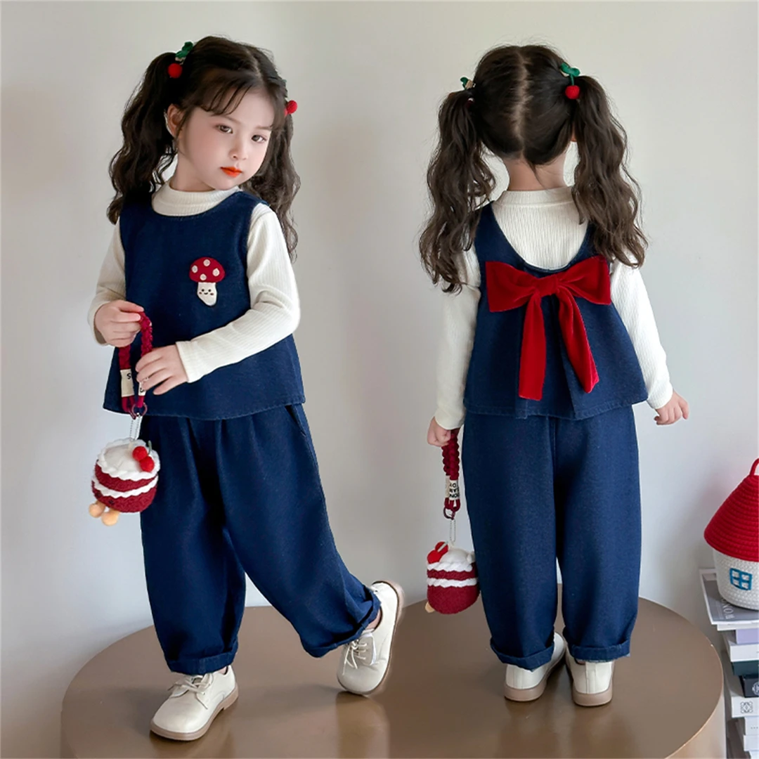 女童蝴蝶结牛仔套装洋气儿童春秋季新款女宝宝背心三件套小女孩潮