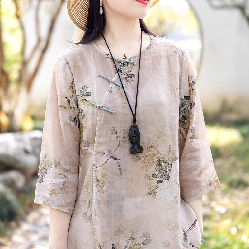 夏季大码女装苎麻圆领衬衣文艺时尚五分袖小衫胖妹妹盘扣棉麻衬衫