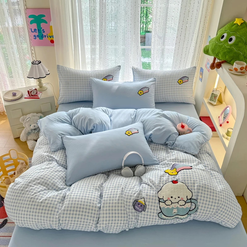 茶杯奶狗A类水洗棉毛巾绣四件套床上用品卡通风被套床单人三件套