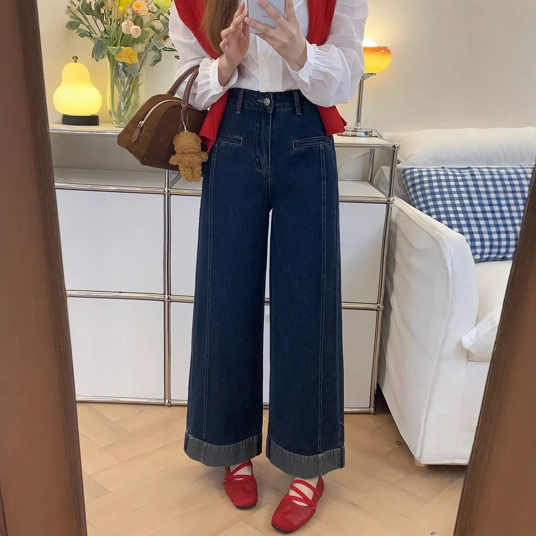 大码深蓝色卷边高腰宽松阔腿牛仔裤女梨型身材遮胯显瘦韩系直筒裤