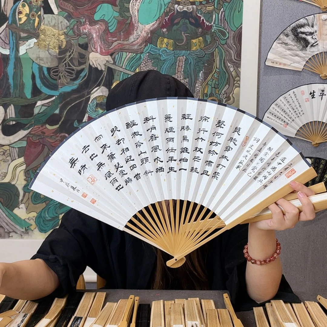 国画95寸玉竹-纯手绘-文玩扇骨（默认粘好）