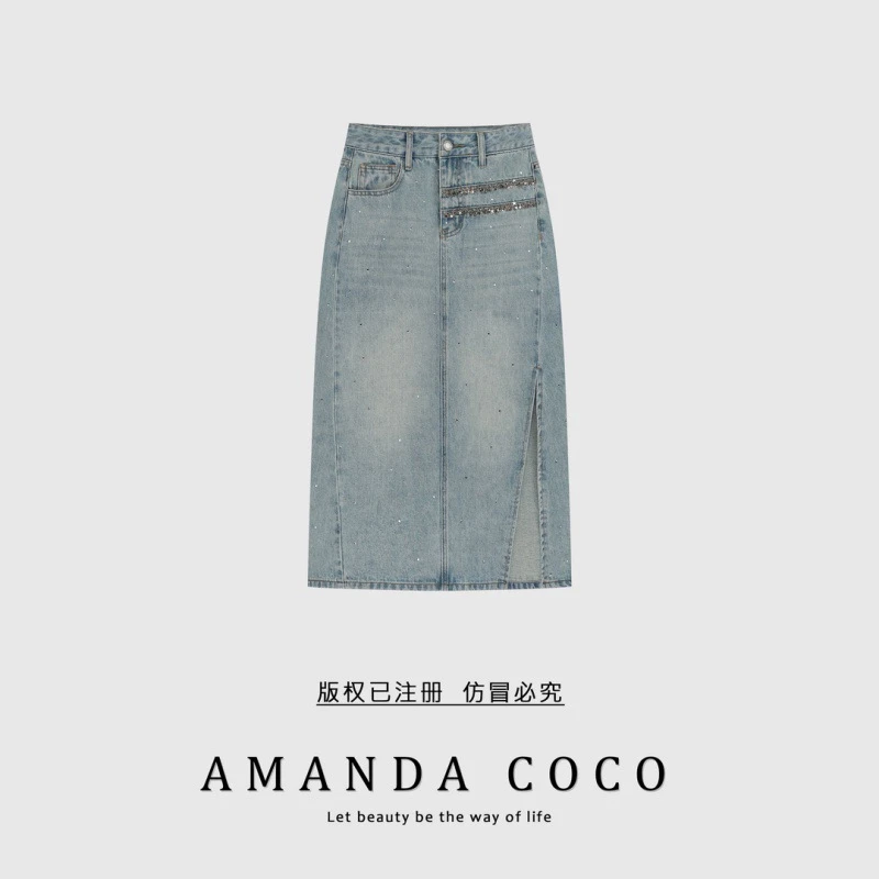 高定烫钻气质显瘦牛仔半身裙高腰A字休闲裙时尚秋季复古开叉