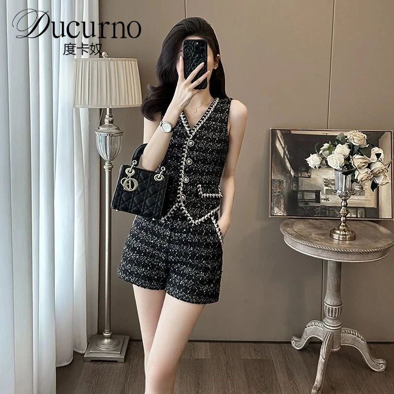 V领无袖小香风套装女2025夏季时尚小众设计感轻奢御姐气质两件套