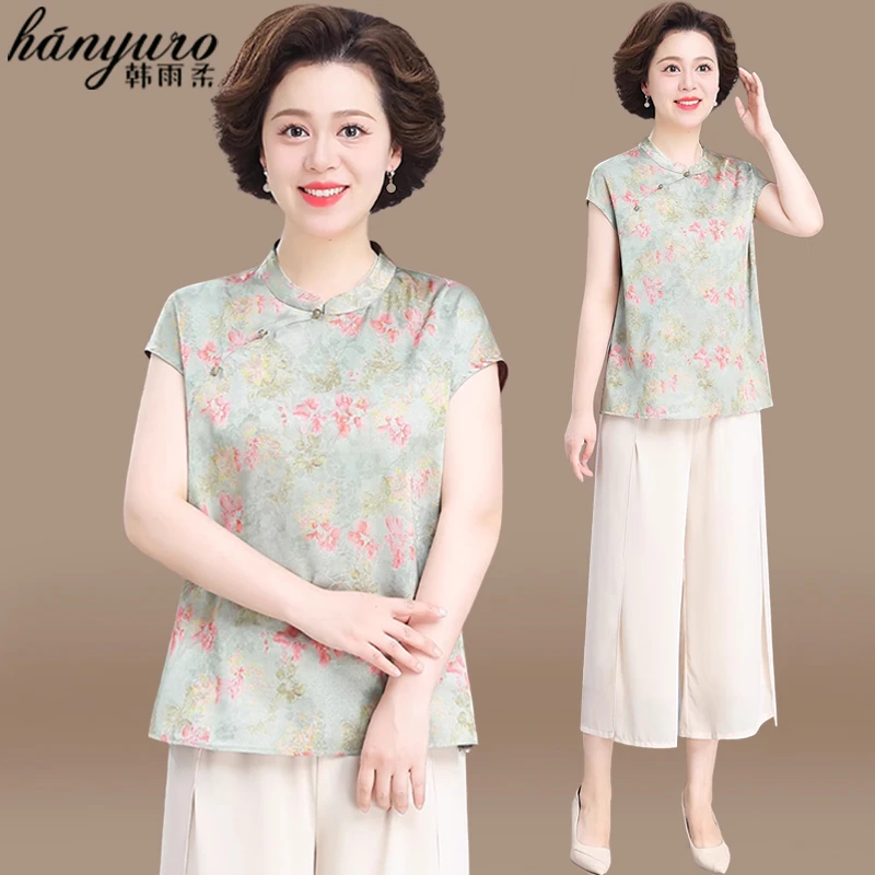 新中式妈妈夏装套装2025新款中老年女装夏季短袖上衣国风冰丝小衫