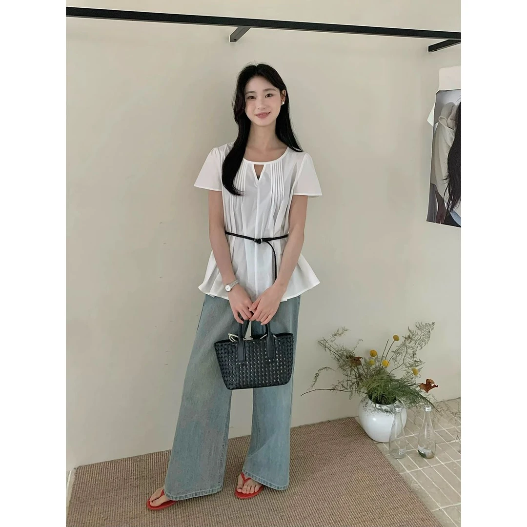 2025夏季韩系简约风圆领短袖衬衫镂空小衫百搭上衣+腰带2605#0.15