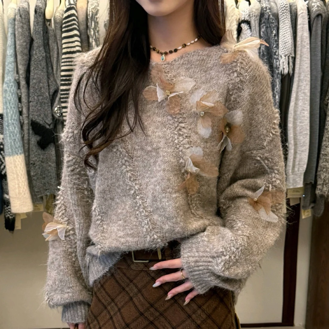 9454立体花朵针织衫女秋冬慵懒宽松显瘦气质温柔风毛衣上衣