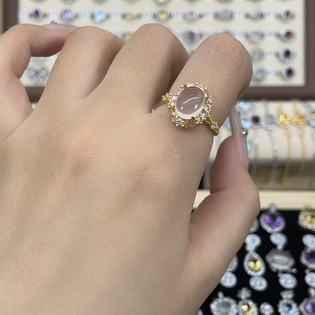 戒指芙蓉石银S925镀金镶嵌