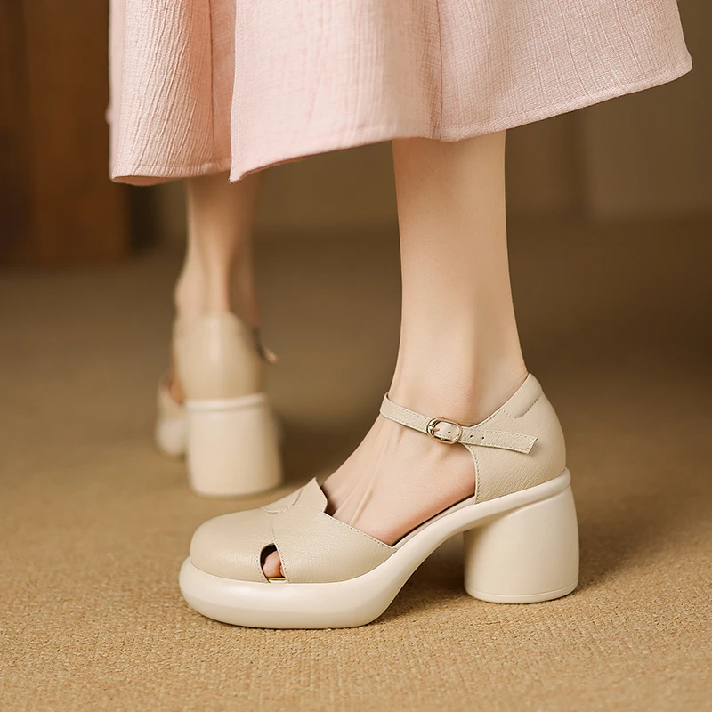 羊皮7公分/法式圆头厚底通勤女鞋子浅口真皮复古粗高跟洞洞凉鞋