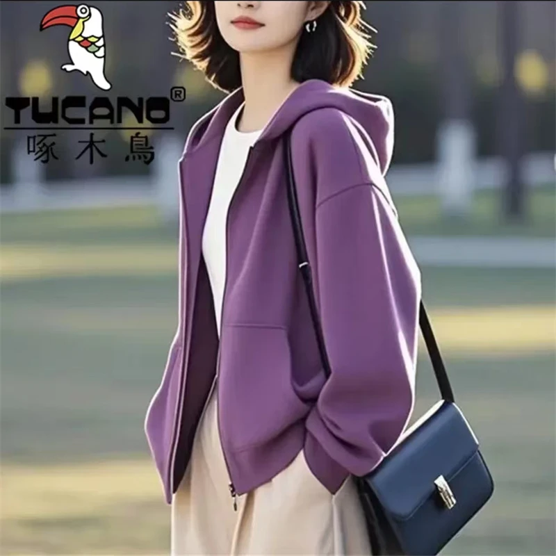 啄木鸟2025年新款设计感运动卫衣女春秋长袖连帽套头上衣简约通勤