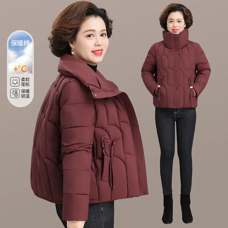 洋气妈妈冬装羽绒棉服短款棉袄2025新款中老年秋冬红色棉衣外套女