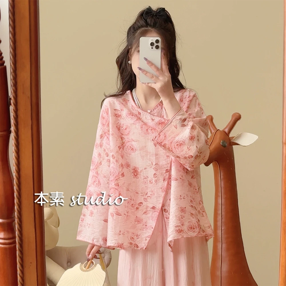 玫瑰Y2728印花斜门襟圆领衬衫