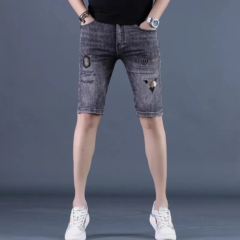 Cebrodz夏季新款灰色刺绣牛仔裤子短裤裤子短裤男款爆款2025新款