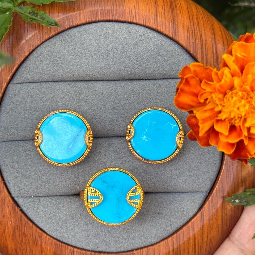 尼泊尔黄铜材质时尚简单白色百搭耳环耳钉戒指两件套女士新款金色