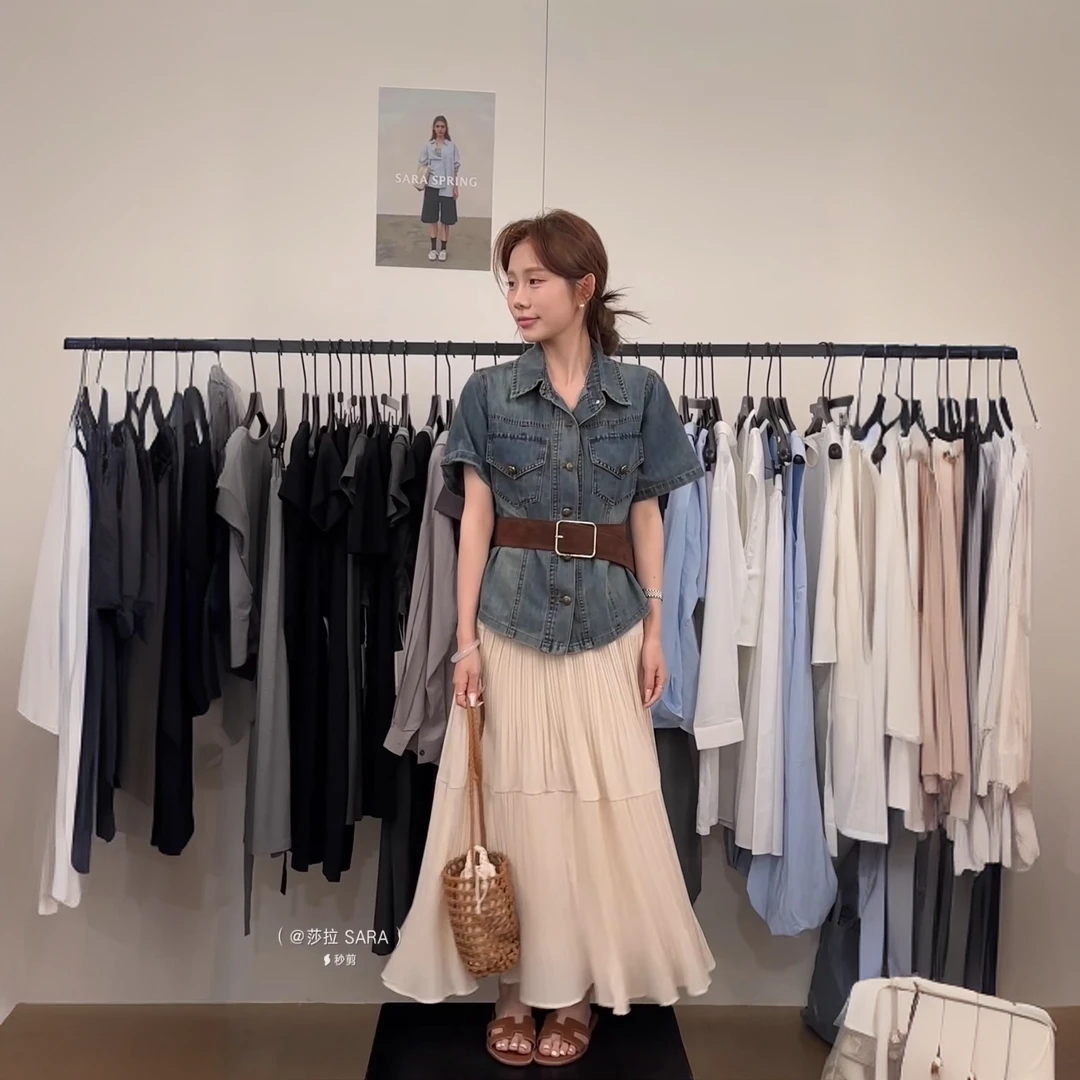 夏季短袖翻领复古牛仔衬衫外套女爆款收腰显瘦高级感气质绝美上衣