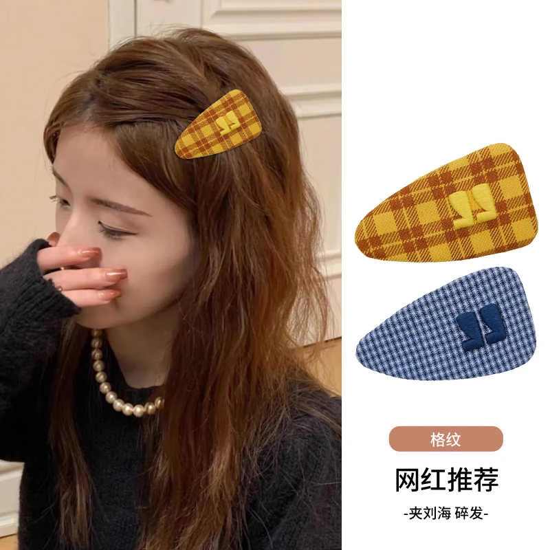 韩系ins风新款时尚格纹水滴发夹布艺简约百搭侧边刘海碎发夹头饰