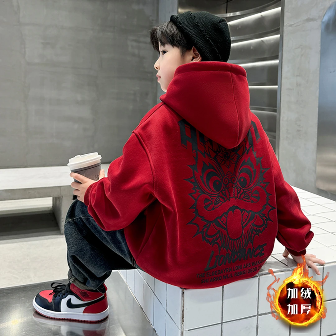 儿童冬款拜年服卫衣2026新款男童红色加绒上衣中大童男孩休闲时髦