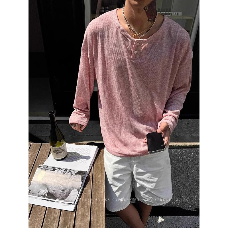 粉色美式老钱风亨利衫男夏季潮流高级感长袖t恤复古外搭防晒罩衫