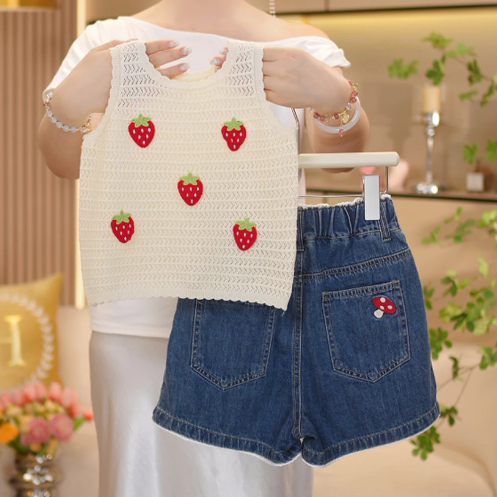 女童套装夏季2025新款洋气儿童镂空背心小女孩薄款牛仔短裤两件套