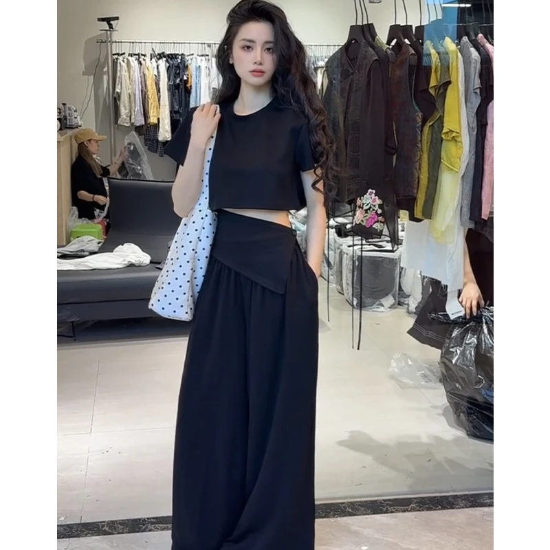 韩系休闲运动套装女夏季时尚减龄显瘦性感辣妹短袖阔腿裤两件套潮