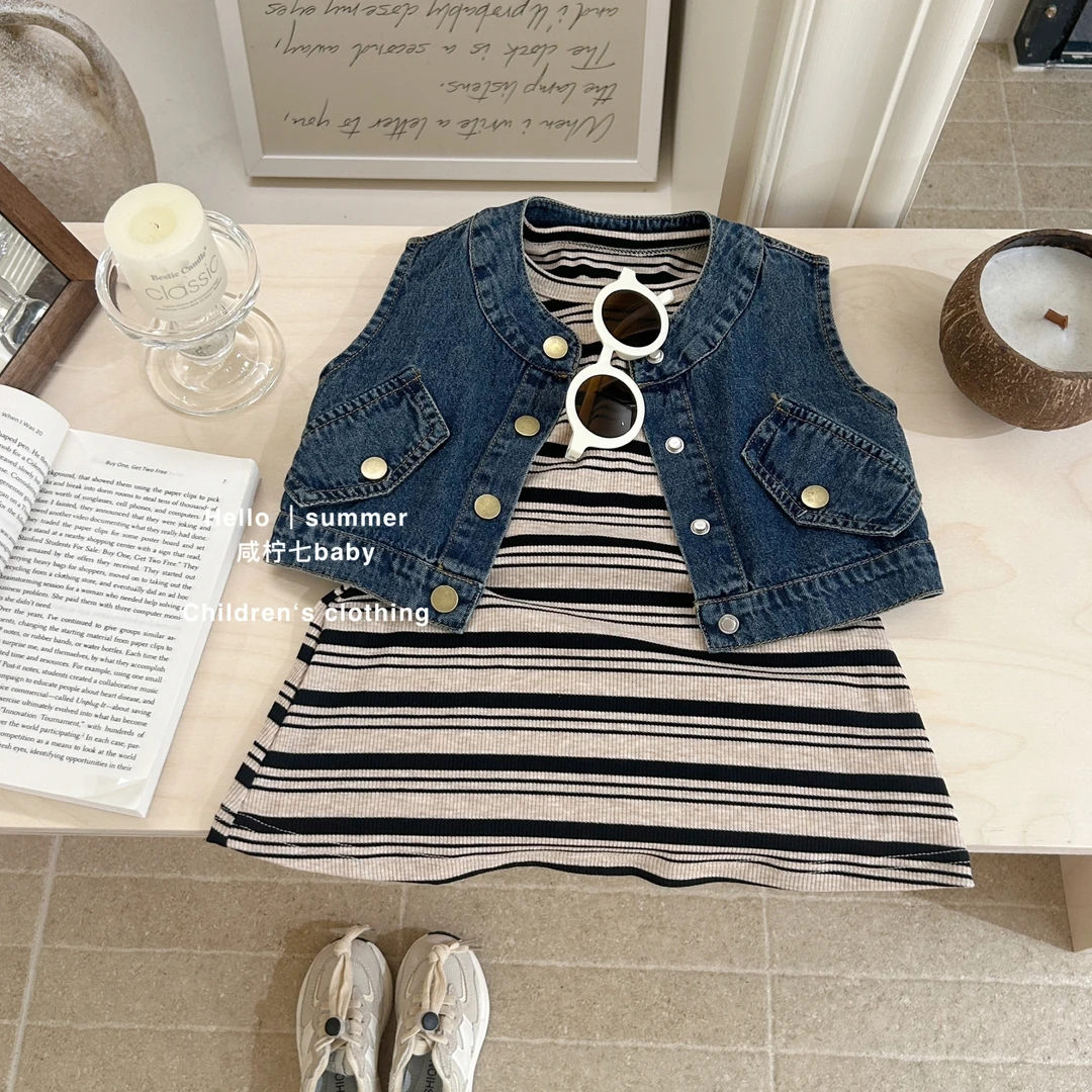 现【咸柠七】韩系女童夏装洋气套装夏季条纹连衣裙牛仔马甲两件套