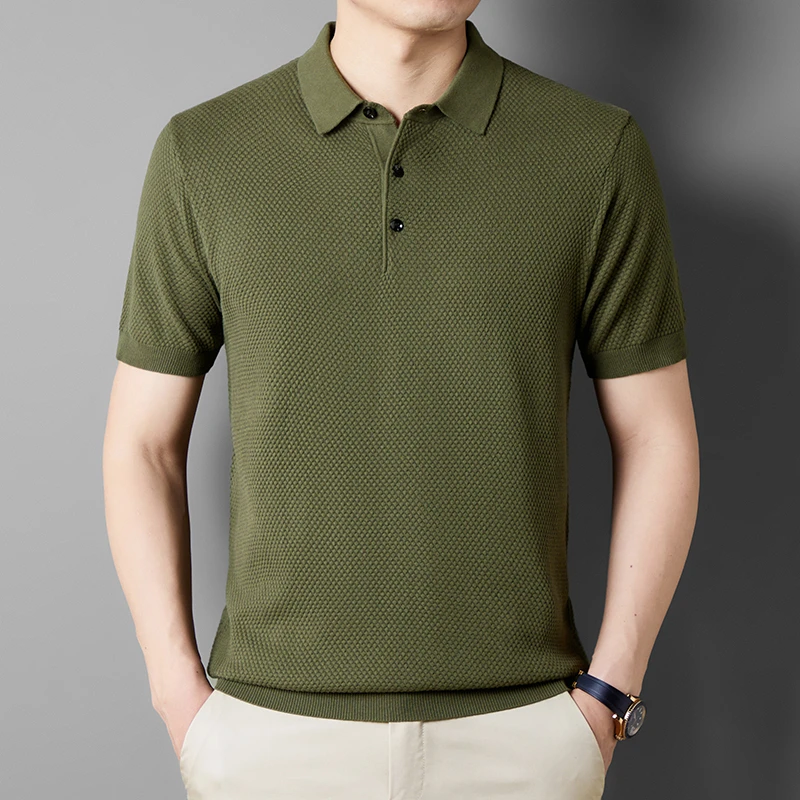 夏季菠萝纹100%棉纯色针织短袖男士时尚休闲POLO衫T恤翻领中年