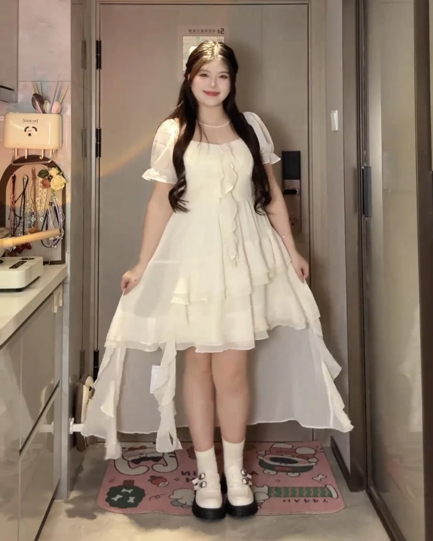 大码女装夏季法式茶歇前短后长设计感小裙甜美度假连衣裙9349#